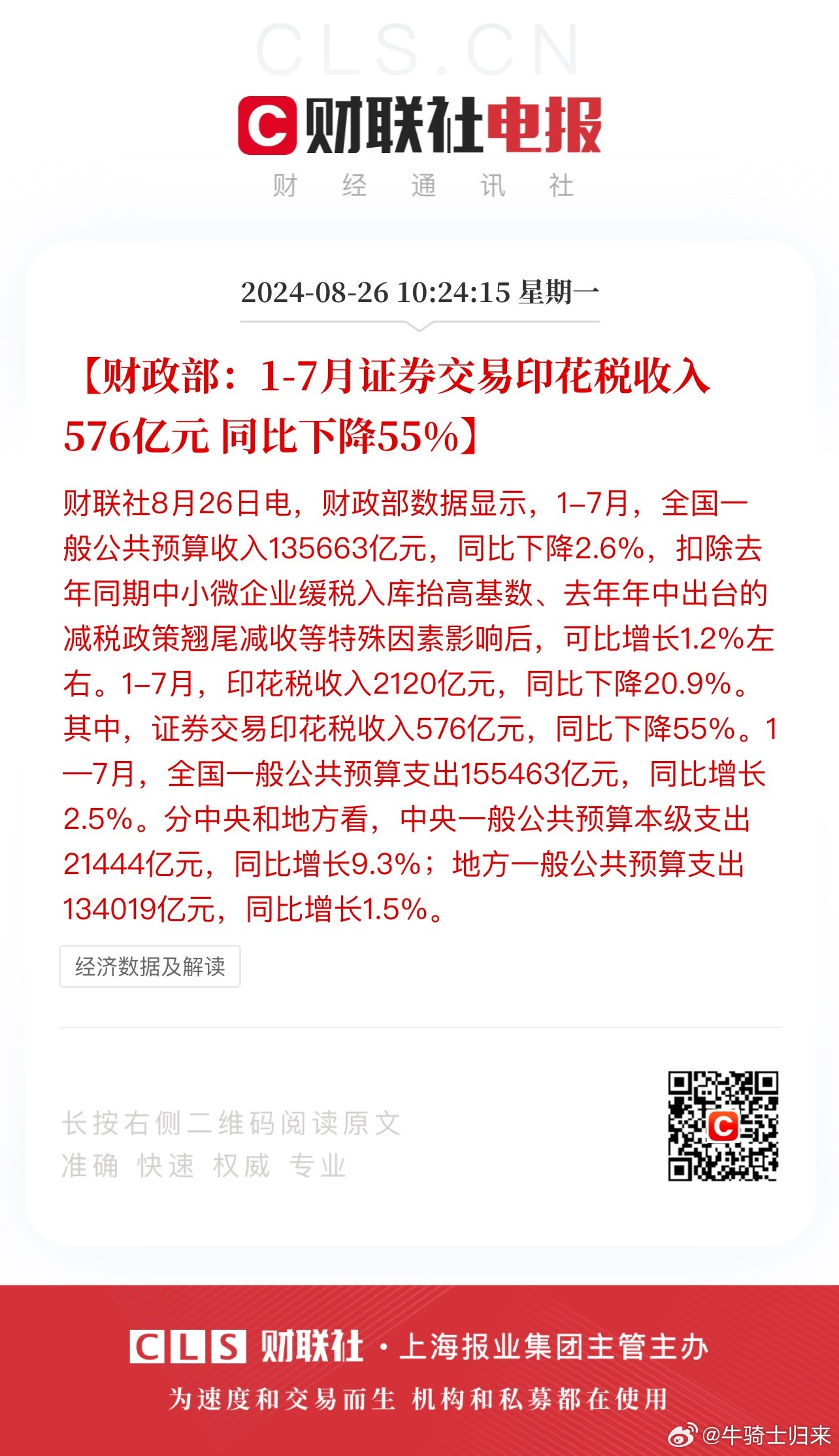 财政部：1—5月证券交易印花税668亿元，同比增长52.4%|界面新闻 · 快讯